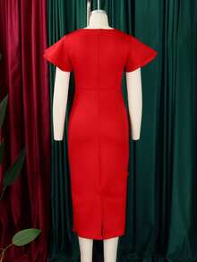 Nuevo Vestido Ajustado Color Sólido con Volantes Estilo Europeo Americano Elegante - Rojo - Ver 2