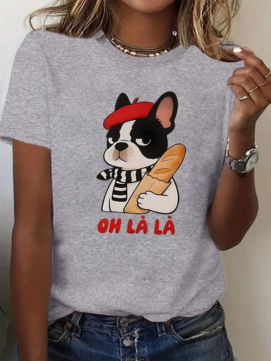 Plus Size - Plus Size - A Women's T-Shirt Featuring A French Bulldog Wearing A Red Beret And A Black And White Striped Scarf, Holding A Baguette, With The Text 'OH Là Là' Printed Underneath In Large Letters And A Round Neck Design. - 灰色 - 查看 1