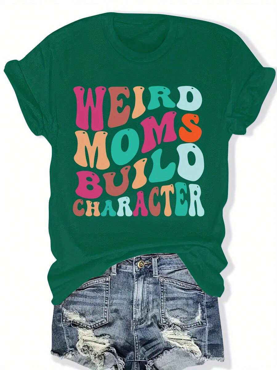 Women's Plus Size Casual T-Shirt - "Weirdo Moms Build Character" Graphic Design, Short Sleeve, Crew Neck, Lightweight And Stretchy, Ideal For Spring And Summer, Casual Wear T-Shirt | Fun Print Top | Comfortable Fit, Plus Size Shirts - 綠色 - 查看 1