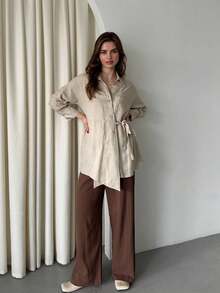 Women Front Tie Detailed Blouse - Beige - View 5