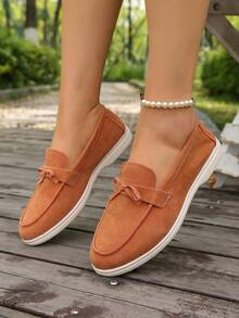 2026 Frühling/Herbst Neue Koreanischer Stil Casual Veloursleder Flache Schuhe für Damen, Rundspitze Slip-On mit Schleifen Dekor, Weiche Sohle Bequeme Loafer, Vielseitig für Alltag und Pendeln - Orange - Übersicht 3