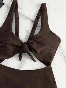 Swim Vcay Traje de baño de una pieza de unicolor negro elegante sin mangas, de cintura alta y con tirantes ajustables, para primavera/verano 2026 - Marrón Chocolate - Ver 6
