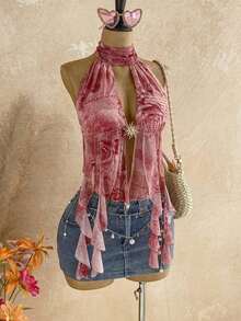 Blusa de mujer con encaje bordado, escote halter, espalda descubierta, tirantes con lazo, bajo fluido y elegante, adecuada para la playa, cruceros y resorts - Rosa - Ver 3
