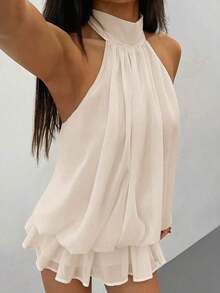 Vestido mini elegante de mujer de color amarillo claro con cuello halter y lazo, adecuado para fiestas, citas, otoño/invierno, primavera/verano - Albaricoque 2 - Ver 7