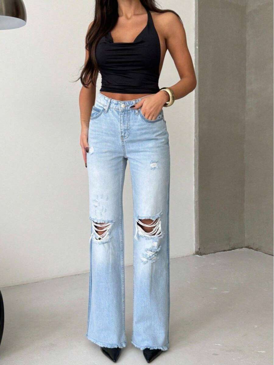SQUALO Women's Blue Washed, Ripped, And Distressed Effect Jeans Street Style