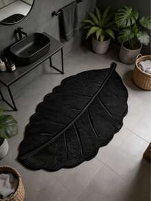1pc Black Leaf Pattern Bath Mat, Bathroom Rug, Doormat, Small Carpet, Washable Carpet, Home Decor, Area Rug, Outdoor Mat, Bedroom Carpet - Multicolor - View 3