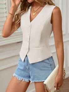 Chaleco sin mangas elegante y casual para uso diario en verano para mujeres - Albaricoque - Ver 5