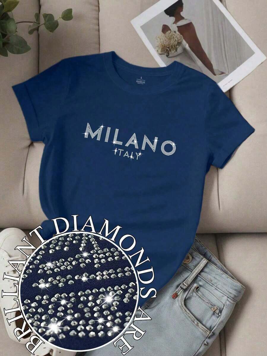 Free Shipping, Local Delivery In Mexico, 4-Day Delivery. Women's T-Shirt With Print, Slogan And Lettering, Short Sleeves And Crew Neck LOS ANGELES For New Year's Wear, Graphic Tees For Women. - Navy Blue 2 - View 1