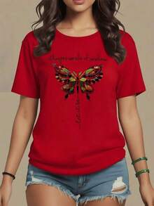 Butterfly Formed By Leaves And Words That Inspire Serenity, Symbolizing Freedom And Spiritual Renewal, Women's T-Shirt, 100% Soft White Cotton, Maija Curvy Women. - 紅色 - 查看 1
