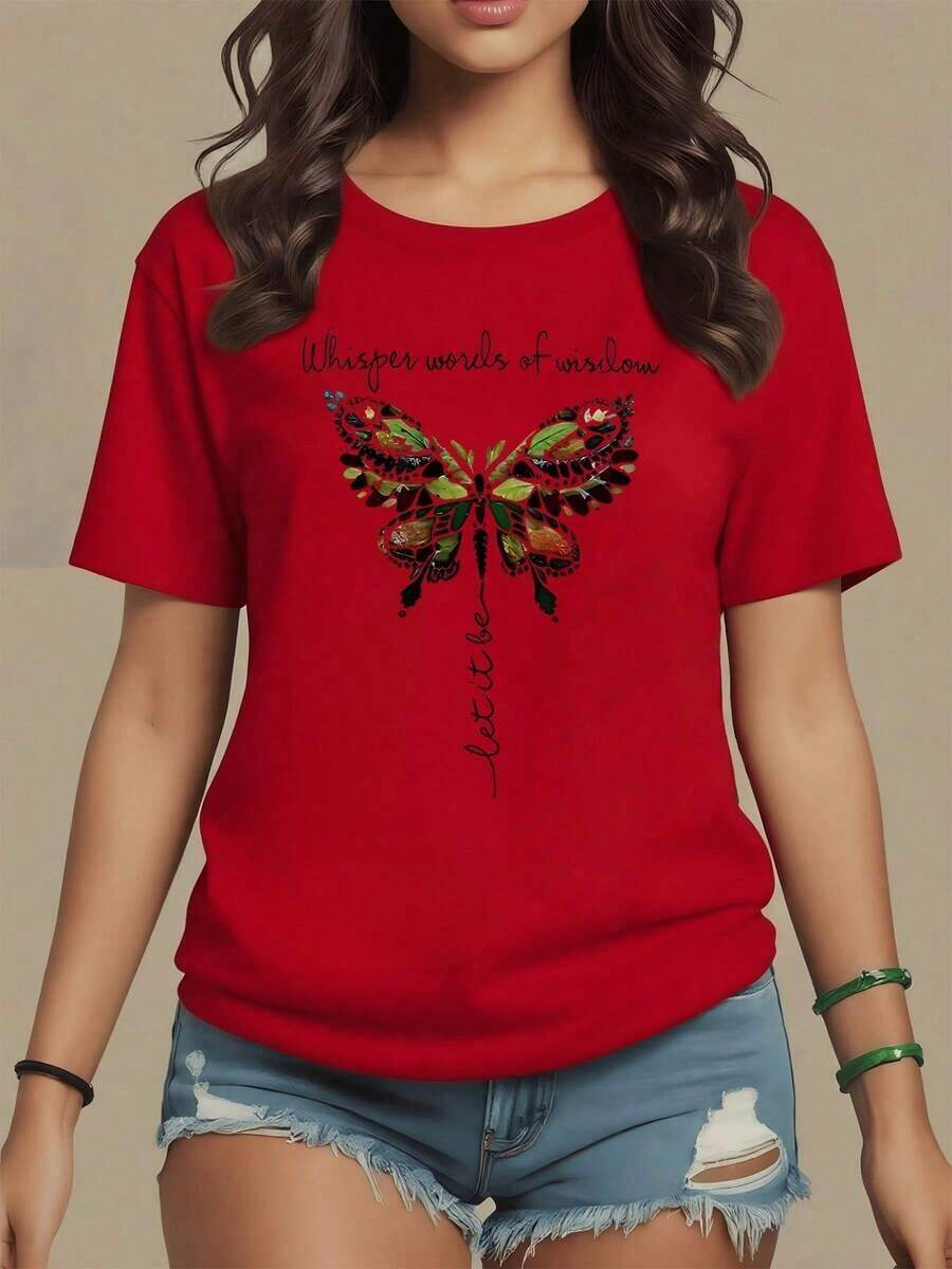 Butterfly Formed By Leaves And Words That Inspire Serenity, Symbolizing Freedom And Spiritual Renewal, Women's T-Shirt, 100% Soft White Cotton, Maija Curvy Women. - 紅色 - 查看 1