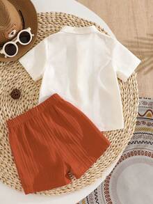 2pcs Baby Boys Retro Print Full Button Short Sleeve Shirt With Textured Striped Fabric, Elastic Waist Solid Color Shorts, Suitable For Casual Daily Wear And Outings - Burnt Orange - View 3
