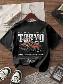 Women's Short Sleeve T-Shirts, 100% Cotton, Casual Short Sleeve T-Shirt With Round Neck, Tokyo Racing Car Print And "Tokyo Underground", Soft Black Top, Breathable And Loose Fit, JDM Urban Style For Ladies' Daily Wear. - 黑色 - 查看 2