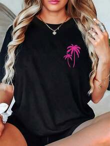 Camiseta genial informal rosa con bolsillo y estampado de palmera, linda camiseta hawaiana para vacaciones de verano, regalo, camiseta casual de manga corta, moda. - Negro - Ver 7