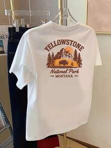 Women's National Park Graphic Tee - Official Buffalo & Park Graphic Tee, Crew Neck, Short Sleeve, Soft & Stretchy, Spring/Summer/Autumn, With Lettering, Brown - Casual Wear For Everyday Use And Travel, Y2K Style - White - View 2