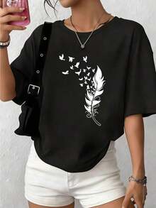 New T-Shirt. Women's Casual Short-Sleeve T-Shirt With A Round Neck And Flying Bird Feather Print. Pure Cotton T-Shirt With An Exquisite Print. Suitable For Wearing In Multiple Seasons-Spring, Summer, And Autumn-This Round-Neck T-Shirt Features A Stylish And Minimalist Design. Suitable As A Gift. Women's T-Shirt. Blouses > Stylish T-Shirt Y2k Style - 黑色 - 查看 8