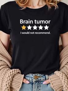 Camiseta gráfica de concientización sobre tumores cerebrales para mujer - con el eslogan "No lo recomendaría" y diseño de 5 estrellas, camiseta negra casual de manga corta y cuello redondo, top semitransparente lavable a máquina para atuendo informal, camisa de corte relajado, diseño con texto audaz, material transpirable, camiseta con declaración, ropa con humor, camiseta Y2k. - Negro - Ver 10