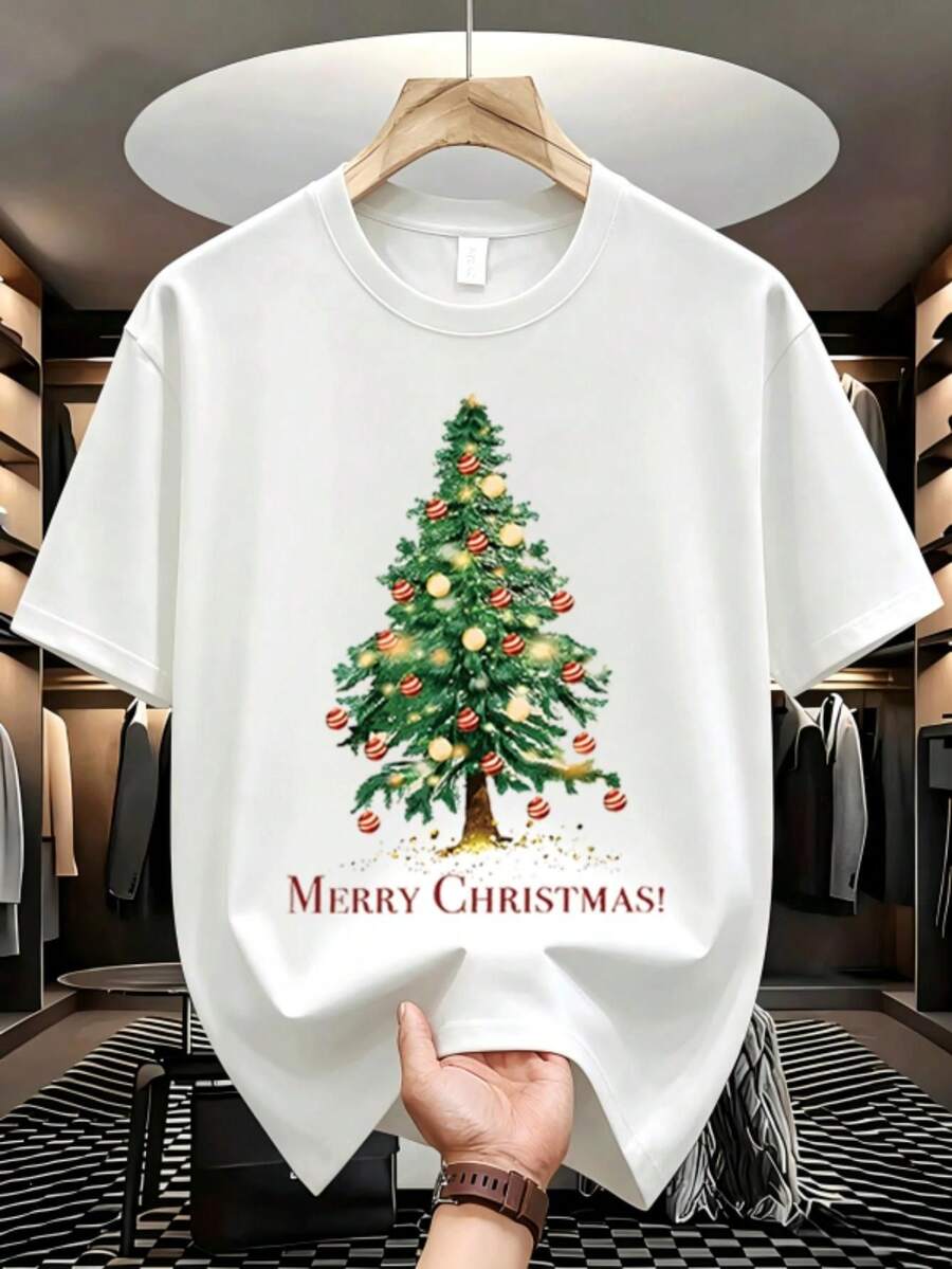 Camiseta Casual de Manga Corta para Hombre con Estampado de Árbol de Navidad - Blanco - Ver 1