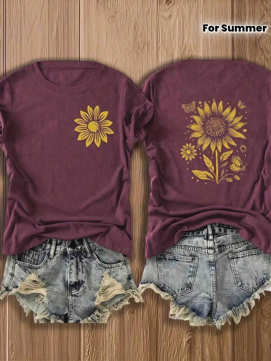 Summer TopsDouble-Sided Printed Colored Cotton T-Shirt  Comfortable, Stylish With Minimalist Design, Casual & Versatile, INS Style Sunflower And Butterfly Design 100 Percent Cotton Graphic T ShirtsLoose And Comfortablesummer - 酒紅色 - 查看 1