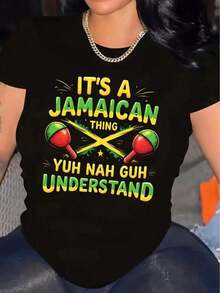 Oversized Jamaican-Style Print T-Shirt - Features A Bold "Jamaican Vibes" Slogan Combined With Colorful Reggae Patterns, Casual Crew Neck Design, Suitable For All Seasons, Hand Wash Only, Comfortable Wear. | Fun Printed T-Shirt | Stretch Fabric, Jamaica Themed T-Shirt, Cotton T-Shirt - 黑色 - 查看 7
