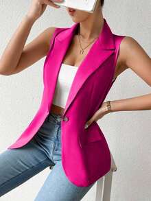 Blazer sin mangas de estilo elegante de color verde oliva para mujer, chaleco casual con solapa y botón en tela tejida lisa, corte regular - Rosa Fucsia - Ver 8