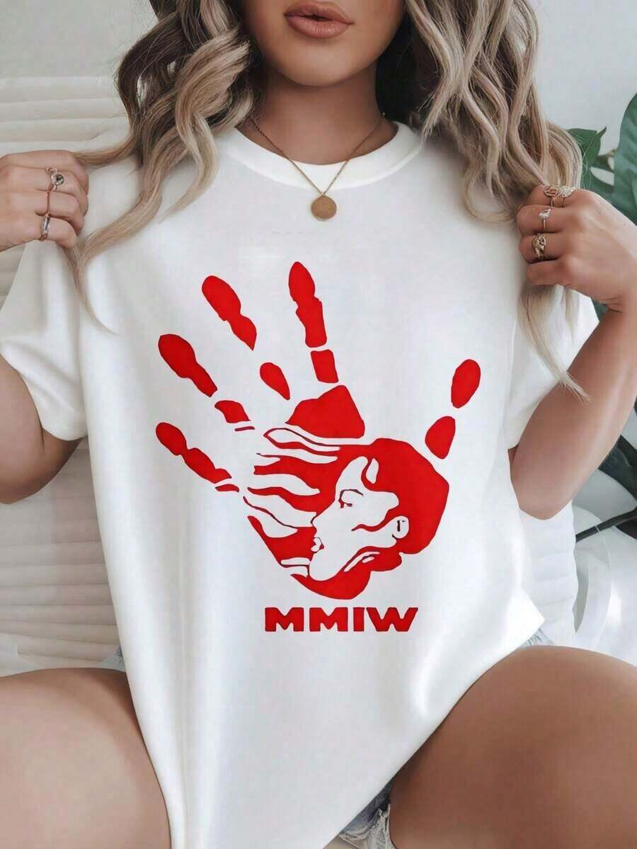 Women's Casual Short Sleeve T-Shirt - Red Hand Print With Woman's Face And Mmiw Text, Round Neck, Summer Top, Machine Washable, Ladies' T-Shirts, Casual Wear, Modern Style, Comfortable Fit
-White - 白色 - 查看 1