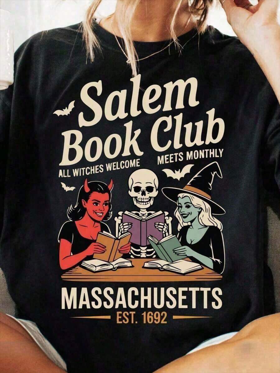 Camiseta Del Club De Lectura De Brujas De Salem, Camiseta Divertida De Lectura De Halloween, Camiseta De Libro, Regalo Espeluznante Del Club De Lectura, Camiseta De Lector Bruja, Camisetas GráFicas Para Hombres, Ropa De Calle, Camiseta Blanca, Camiseta Negra, Suelta Y CóModa - Negro - Ver 1
