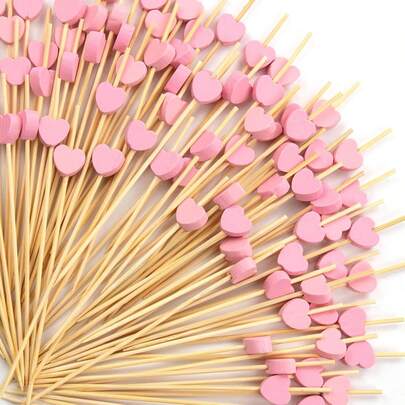 100 Pcs Bamboo Cocktail Picks, Fancy Toothpicks For Appetizers, Handmade Sticks 4.7 Inch Cocktail Toothpicks, Cute Heart Bamboo Skewers Party Supplies For Drinks, Desserts, Charcuterie (Pink Heart)