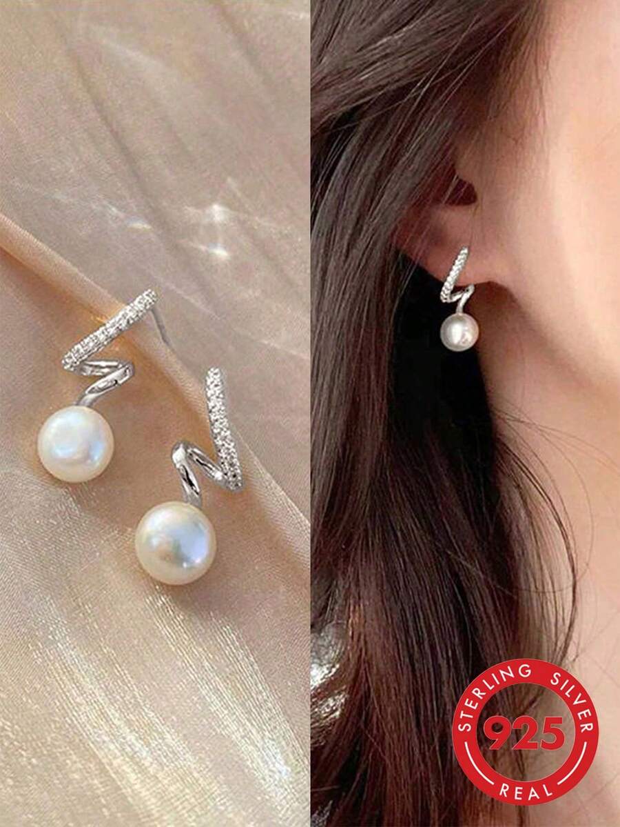 BALMORA 1 Đôi bông tai ngọc trai và đá Zirconia bằng bạc Sterling S925 thanh lịch, thiết kế hình vòng cung kiểu Pháp, mạ vàng, quà tặng trang sức dành cho phụ nữ.