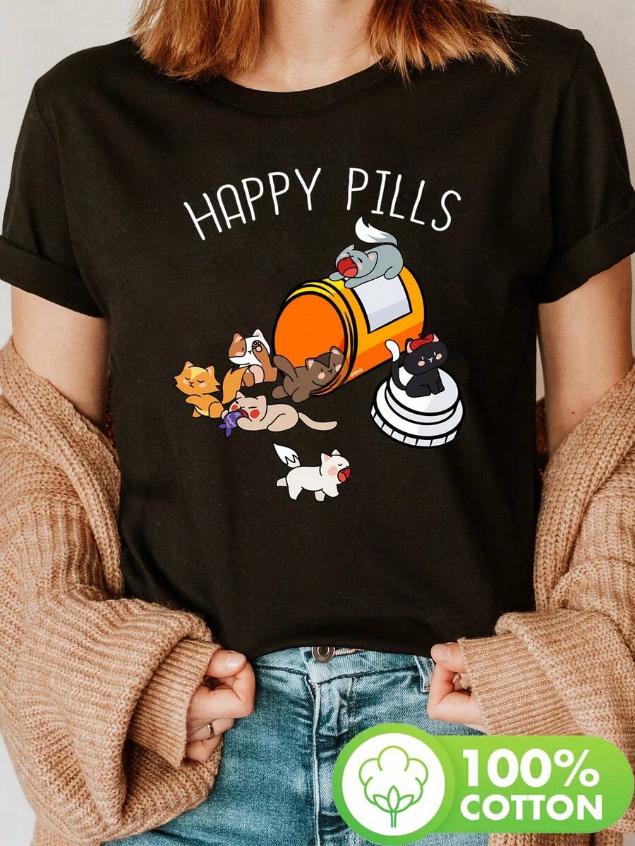 Camiseta 100% Algodón para Mujer con Divertido Estampado de Gato y Pastilla Feliz - Top Casual Negro de Cuello Redondo con Diseño de Animal Adorable - Camiseta Suave para Uso Diario, Adecuada para Todas las Temporadas, Lavable a Máquina, Atuendo para Fin de Semana, Tela Cómoda, Camiseta de Moda de Manga Corta - Negro - Ver 1