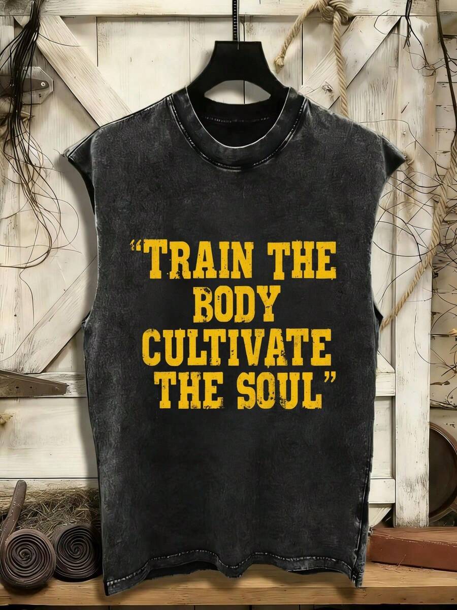 Summer Tops2026100% Cotton Sleeveless Vest 210G Washed T-Shirt 'TRAIN THE BODY CULTIVATE THE SOUL' - Vintage Distressed Fitness Tank Top For Men & Wom - 黑色 - 查看 1