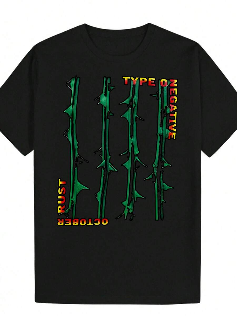Camiseta Casual Negra de Manga Corta para Hombre con Estampado Botánico Vertical de Cactus Verde Intenso - Diseño de 4 Tallos de Cactus, Cuello Redondo, Lavable a Máquina, Corte Regular para Uso en Todas las Estaciones al Aire Libre, Gimnasio, Playa y Ropa Casual - Camiseta con Temática de Cactus - Negro - Ver 1