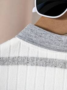 Tween Boy Casual Stylish Textured Colorblock Striped Short Sleeve Polo Shirt, Suitable For Spring/Summer, Back To School, Daily Wear, Vacation - Light Grey - View 6