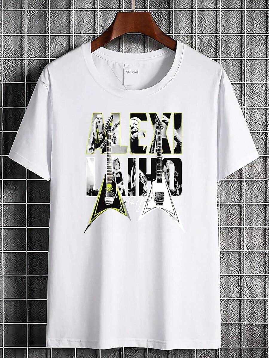 Camiseta oficial de la guitarra con la firma de Alexi Laiho, que presenta el logotipo y un diseño de su famoso riff, perfecta para los fans de Bodom. Esta cómoda camiseta unisex tiene cuello redondo y mangas cortas, y muestra un gráfico del estilo de juego único de Alexi. Es una camiseta de manga corta adecuada para el hogar, el uso diario, fiestas y viajes, perfecta como regalo para amigos o familiares. - Blanco - Ver 1