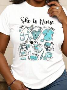 Women's Pure Cotton T-Shirt With 'She's A Nurse: Merciful, Compassionate, Strong, Kind, Peaceful, Loving' Print Design - Casual Round Neck, Soft, Comfortable, Stretch Fabric, Suitable For Daily And Holiday Wear, Seasonal Wear All Year Round - 白色 - 查看 4