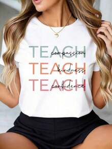 Camiseta de Mujer con la Frase "Enseña Compasión, Enseña Amabilidad, Enseña Confianza". Camiseta con Citas Motivacionales y Diseño Gráfico para Mujer. Ropa Casual Adecuada para Festivales, Fiestas, Deportes y Otros Eventos. - Blanco - Ver 4