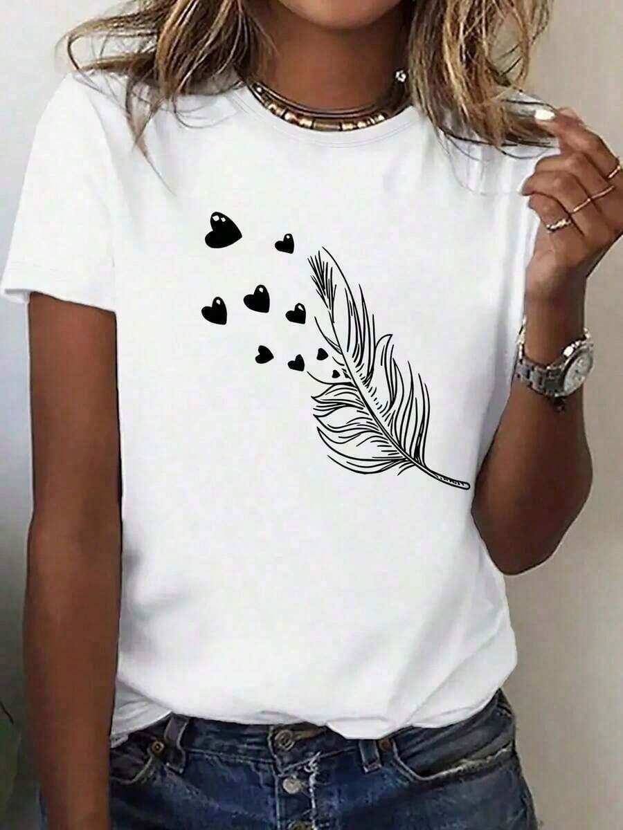 Women's Clothing Women's Heart Print T-Shirt | Casual Summer Short Sleeve Crew Neck T-Shirt, Soft And Breathable, Brown And White Print, Sizes S-XXL, Machine Washable, Fashionable Versatile T-Shirt For Spring And Summer, Ideal For Daily And Weekend Wear, Graphic T-Shirt, Women's Graphic T-Shirts, Summer T-Shirt, Casual T-Shirt, Women's Holiday Wear, Youthful And Fashionable Design, Women's Shirts. - White - View 1