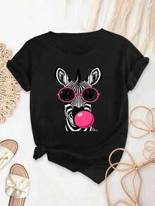 Top de manga corta con cuello redondo, elástico, lavable a máquina, suave, de corte holgado y ajustado, con estampado de cebra de dibujos animados, elegante y a la moda para fiestas, ideal como regalo para mujer. - Negro - Ver 1