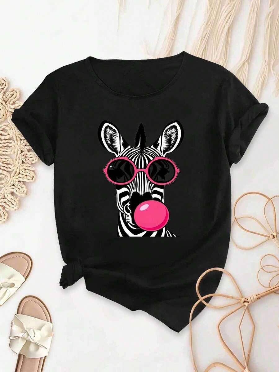 Top de manga corta con cuello redondo, elástico, lavable a máquina, suave, de corte holgado y ajustado, con estampado de cebra de dibujos animados, elegante y a la moda para fiestas, ideal como regalo para mujer. - Negro - Ver 1