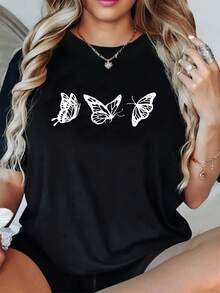 Camiseta Holgada de Gran Tamaño con Estampado de Mariposas para Mujer - Tejido de Poliéster Casual con Cuello Redondo, Comodidad para Todas las Temporadas, Top Festivo para Vacaciones, 1 Pieza, Estilo Vintage Urbano Unisex, Camiseta de Manga Corta de Algodón con Cuello Redondo. - Negro - Ver 7