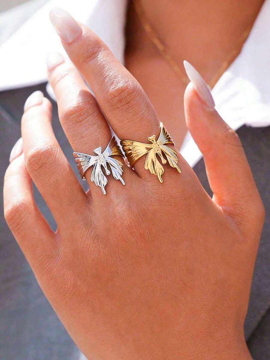 Uself 2pcs/1pc 304 Stainless Steel 18K Gold Plated Butterfly Wing Open Ring, Layered Insect Themed Jewelry, Low Allergy, Suitable For Summer, Beach, Western Style Jewelry For Women