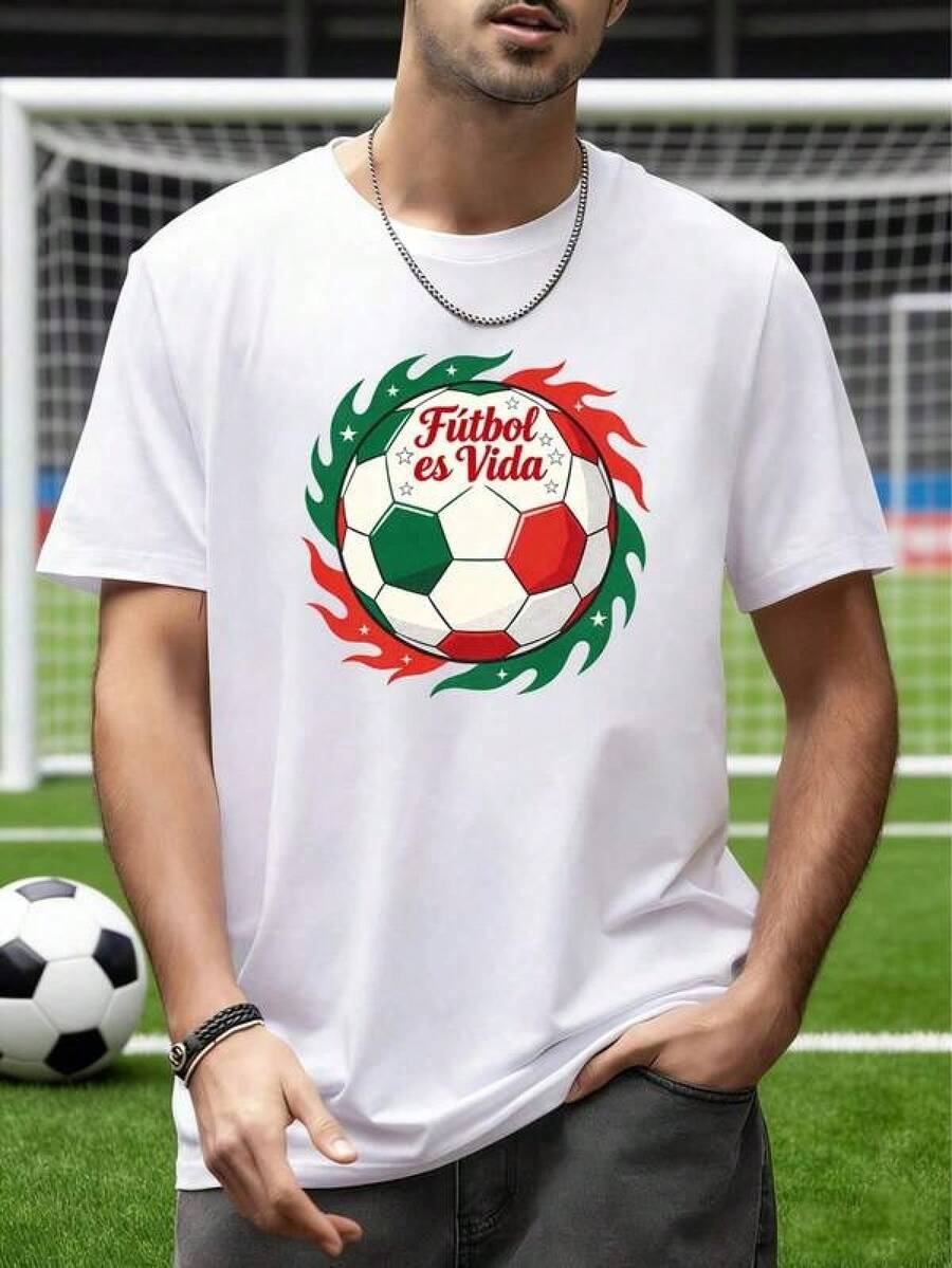 Playera de apoyo a la selección mexicana Copa Mundial 2026 EE.UU.-Canadá-México, estampado de balón de fuego en colores de la bandera mexicana y lema "Fútbol es Vida", corte oversize para hombres y mujeres, ideal para aficionados - Negro - Ver 1