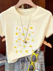 Women's Casual Short Sleeve Crew Neck T-Shirt With Graphic Slogan Print, Gift For Friends - 杏子 2 - 查看 4