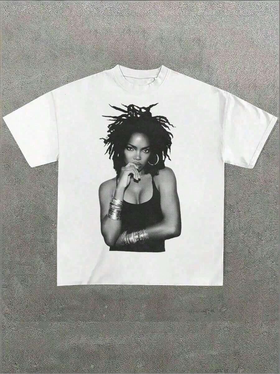 Break The System Lauryn Band Hill Lauryn Band, Casual Print, Comfortable And Versatile, 220g Pure Cotton Printed T-Shirt With Letter Pattern, Round Neck, Loose Fit. Suitable As A Gift. Women's T-Shirt. Blouses > Elegant. Boho Chic. Women's T-Shirt, Soft And Breathable: Perfect For Holidays, Travel And Festive Occasions, And Suitable For Wearing In Multiple Seasons. - 白色 3 - 查看 1