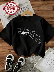 100% Cotton T-Shirt, Unique Shark Design, Modern Style, Graphic Animal Casual Beach Summer XL Black Urban - 黑色 - 查看 1