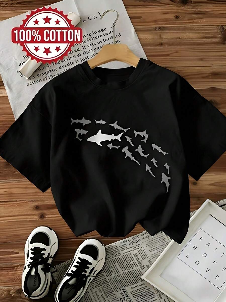 100% Cotton T-Shirt, Unique Shark Design, Modern Style, Graphic Animal Casual Beach Summer XL Black Urban - 黑色 - 查看 1