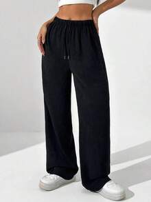 Pantalones rectos de lino cómodos y versátiles para uso casual y de oficina, para primavera/verano - Negro - Ver 5