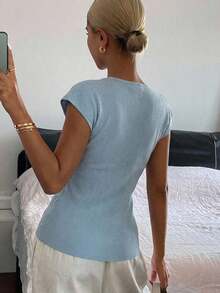 Cárdigan casual de verano para mujer, de unicolor, ajustado, de cuello en V, elástico y delgado - Azul - Ver 2
