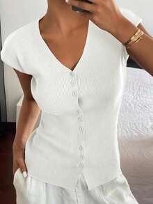 Cárdigan casual de verano para mujer, de unicolor, ajustado, de cuello en V, elástico y delgado - Blanco - Ver 5