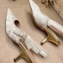 Letter Embroidered Bow Sandals For Women 2026 Spring Vintage Gold Embroidered Floral High Heels With Closed Toe - 黑金6.5厘米 - 查看 4