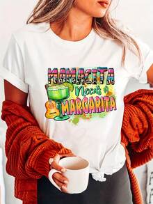 La camiseta Elegant Daily Top es una elegante camiseta con estampado de letras, perfecta para el uso casual femenino en las temporadas de primavera y verano, y es ideal para combinar con una margarita. Camiseta de Moda Chic - Blanco - Ver 9